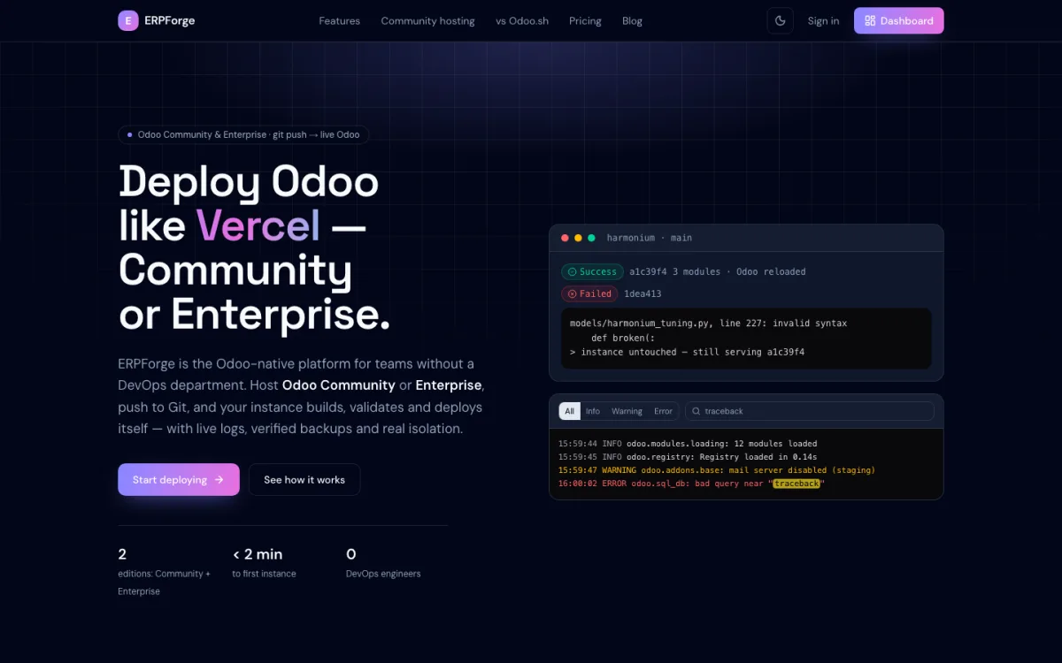 ERPForge showing a successful Odoo build, a failed build kept off production, and live Odoo logs with level filters